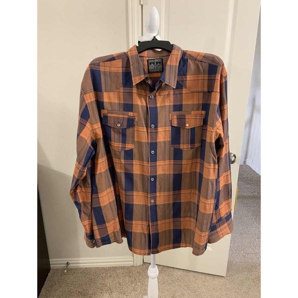 Straight Faded Plaid Shirt Men 2XL Button Up Long Sleeve Pearl Snap Pocket Orang